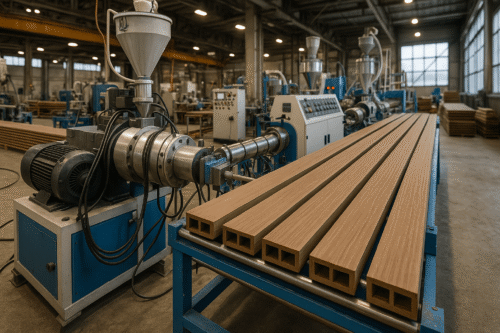 کارگاه تولید چوب پلاست با ماشینآلات صنعتی اکسترودر و خطوط تولید فعال؛ شامل اپراتورهایی در حال کنترل دستگاهها، مواد اولیه چوب و پلاستیک، و فضای فنی و تمیز با نورپردازی صنعتی.