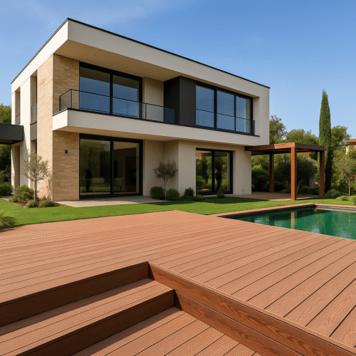 سطح کفپوش چوب پلاست با طرح چوب طبیعی در فضای بیرونی، نصب شده روی سازه زیرسازی تیره رنگ، مناسب برای حیاط یا تراس ویلا.