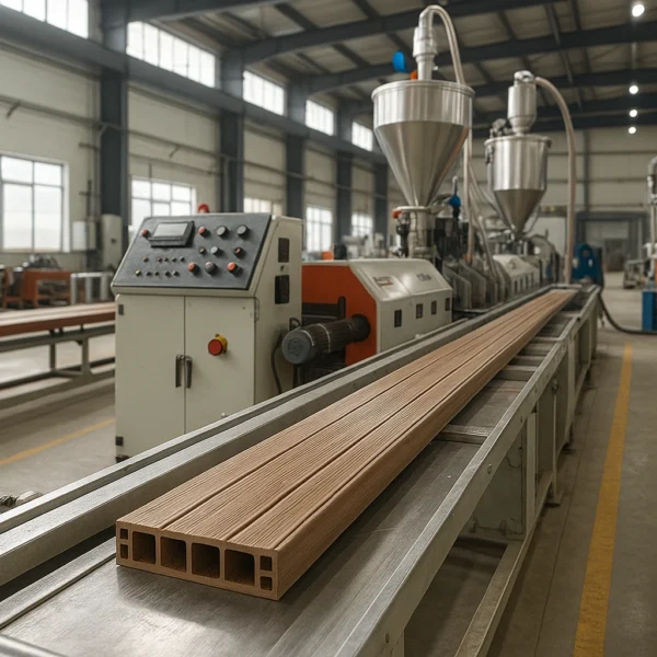 wpc-production-line خط تولید اکستروژن چوب پلاست (WPC) در محیط کارخانهای صنعتی