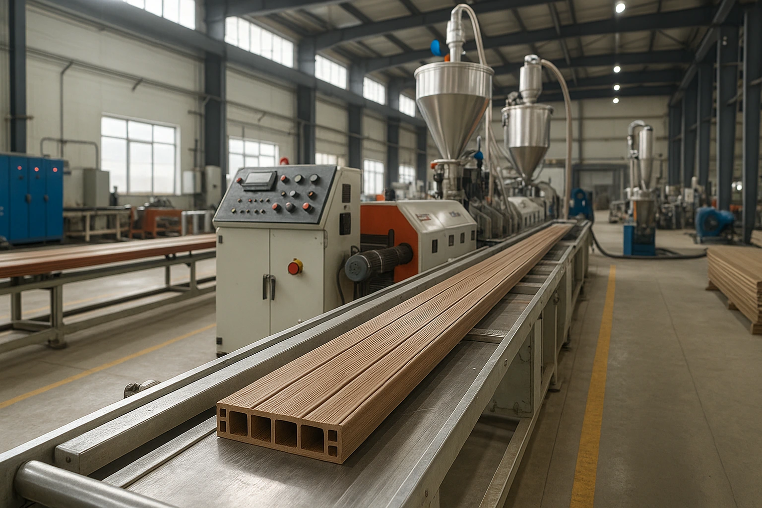 خط تولید اکستروژن چوب پلاست (WPC) در محیط کارخانه‌ای صنعتی