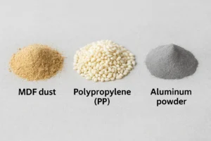 مواد اولیه تولید چوب پلاست شامل نرمه MDF، پلی‌پروپیلن و پودر آلومینیوم
